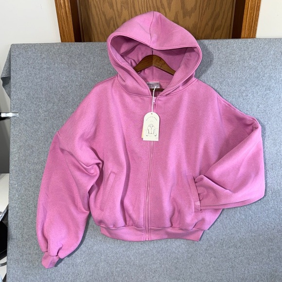 Blogilates Marshmallow Hoodie Pink Full Zip Oversized Sweatshirt B1115 Mens M - Picture 1 of 12